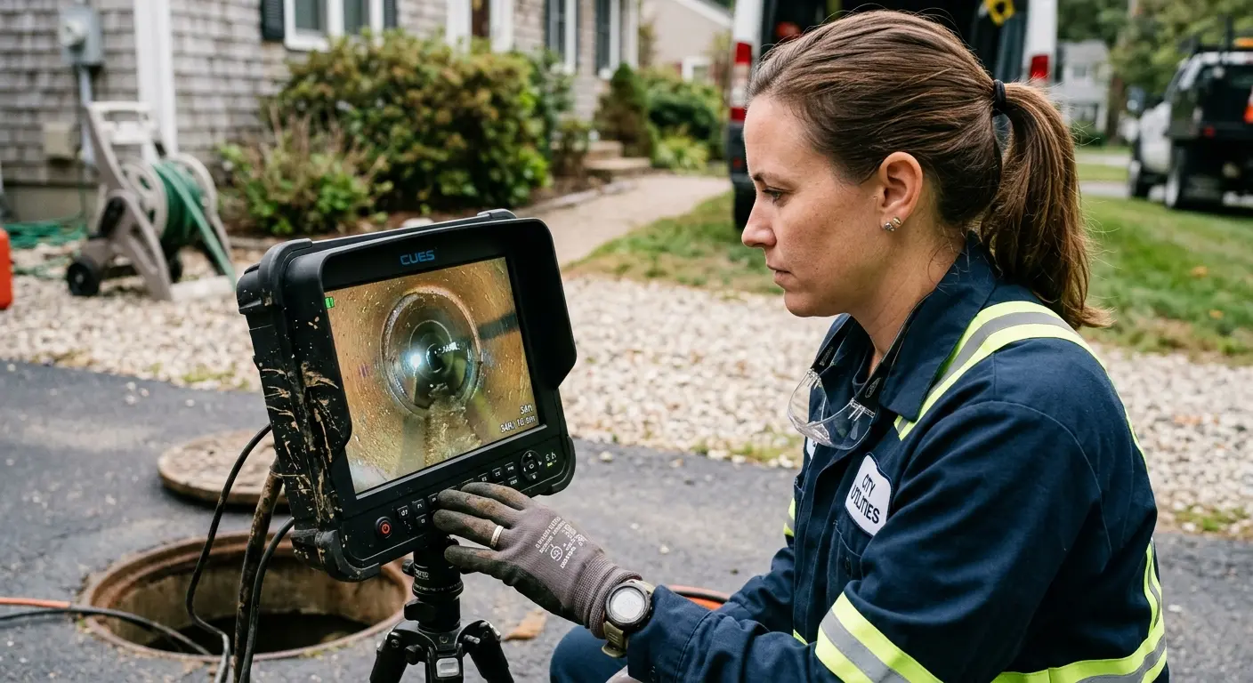 Technician reviewing sewer camera inspection footage in Monessen
