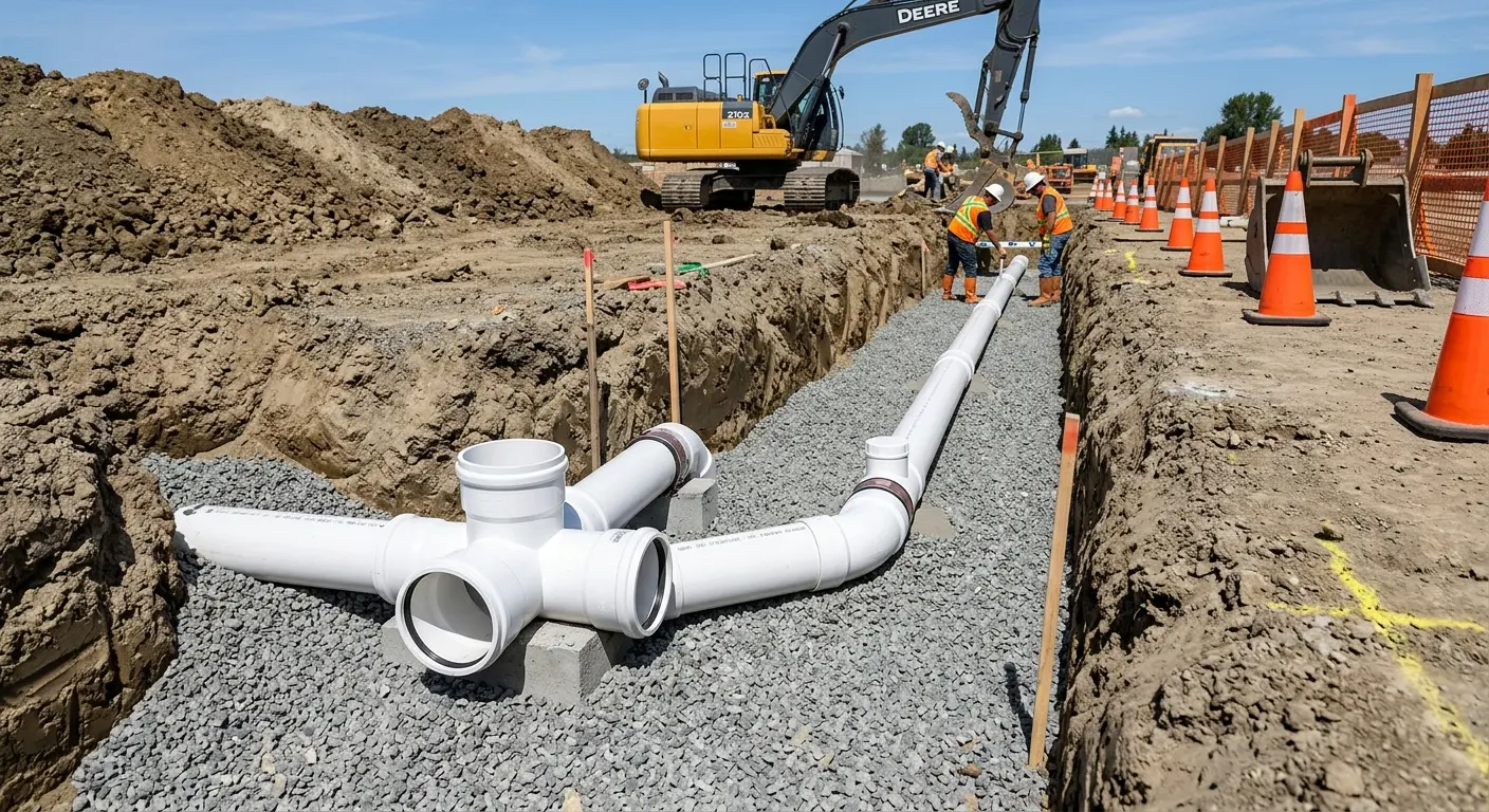 New PVC sewer pipe installation in open trench for Commercial Drain Cleaning in Monessen