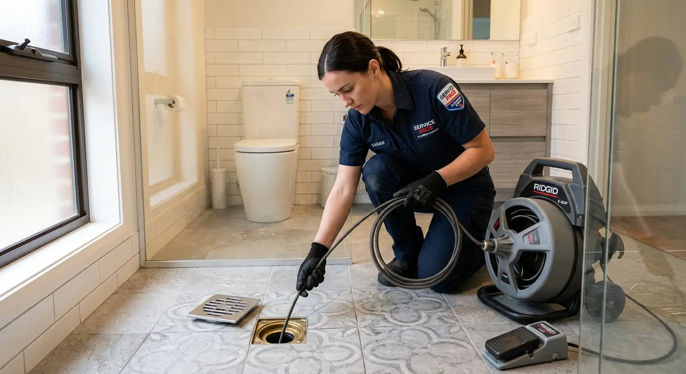 Technician clearing a bathroom floor drain for Hydro Jetting in Monessen
